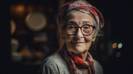 Older gray-haired woman in casual clothes and glasses looking straight ahead. - obrazy, fototapety, plakaty
