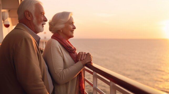 Happy Senior Mature Couple In Love. Older Husband And Wife Outdoors Watching Sunset From A Boat And Bonding With True Emotions. Carefree Cheerful Retired Couple Looking At Camera, Enjoying Wellness.