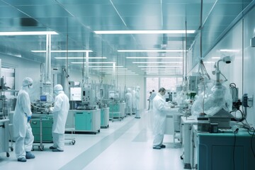 An advanced industrial laboratory where scientists, engineers, and technicians collaborate on cutting-edge research in pharmaceuticals and technology.