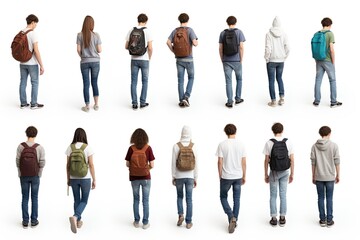 Set of people with a fashionable sense of style, standing against a white background.