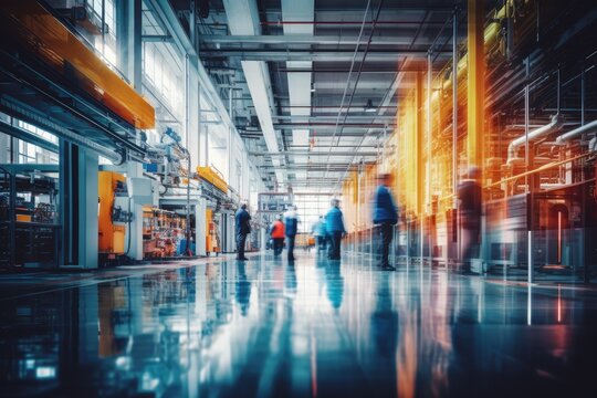 Fototapeta Modern industrial warehouse with advanced equipment for automotive production, bustling with activity, under bright blue lights.