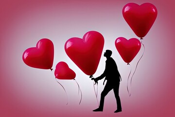 Illustration. Valentine's Day. Pink background. silhouette of man holding large heart balloon and several loose red balloons.Generative AI