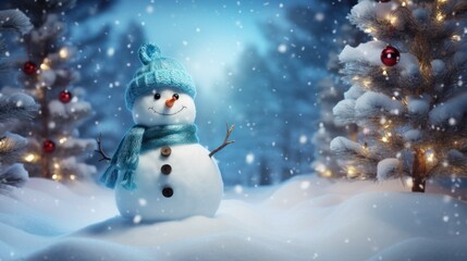 cute happy snowman in winter with copy space