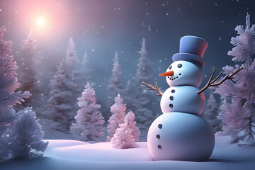 Fototapeta premium Cute funny snowman with scarf and hat. Generative AI