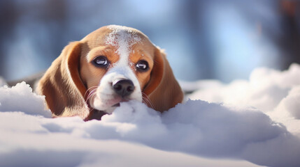 Cute  Beagle Dog lying in the snow 