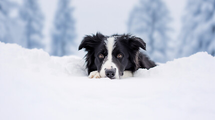 Cute Border Collie Dog lying in the snow 