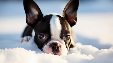 Cute Boston Terrier Dog lying in the snow 