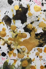 Tuinposter Black, gold Ink watercolor spray blot on beige texture paper background. © Liliia