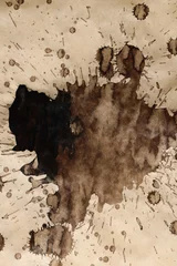 Zelfklevend Fotobehang Black brown Ink watercolor spray blot on beige texture paper background. © Liliia