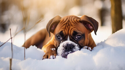 Cute Boxer  Dog lying in the snow 