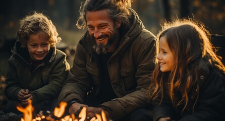 A family on a hike sits by the fire, warming itself by the flame with people. A break from city life, wild nature and camping.
Concept: hiking tours - Powered by Adobe