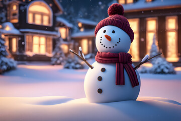 Cute funny snowman with scarf and hat. Generative AI - 654486384