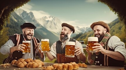 3 Germans drinking mugs of beer and celebrating Oktoberfest dressed in traditional Austrian or Bavarian costumes. background alps