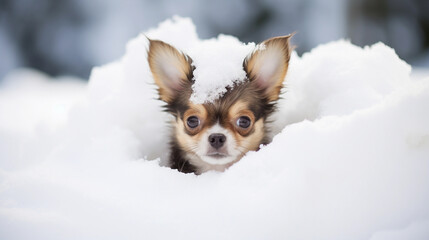 Cute Chihuahua Dog lying in the snow 