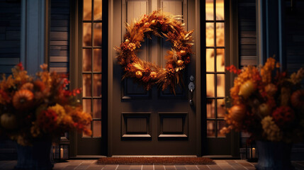 Obraz premium Close-up of an autumn wreath decorated with brown ribbon on the door