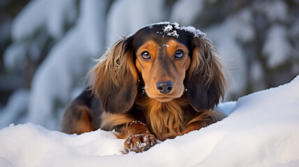 Cute Dachshund Dog lying in the snow 