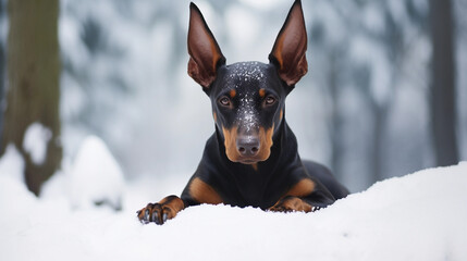 Cute Doberman Pinscher Dog lying in the snow 