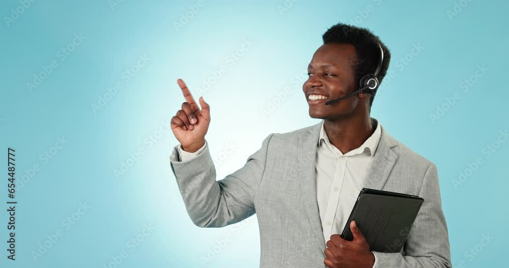Aufkleber black man, business telemarketing and pointing with space, web help and advertising for call center.