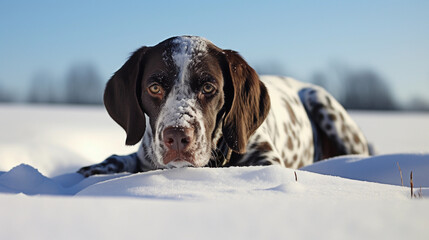 Cute German Shorthaired Pointer Dog lying in the snow 