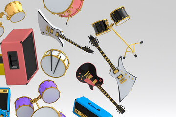 Many of flying acoustic guitars, drums, cymbal or drumset and amplifier on white