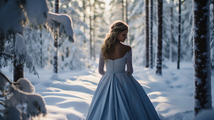 Fototapeta na wymiar Winter wedding, bride in a fur stole, ceremony in a snow - covered pine forest, magical and intimate, soft blue hour lighting
