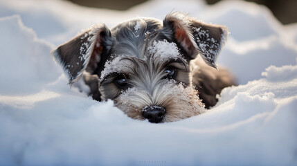 Cute Miniature Schnauzer Dog lying in the snow 