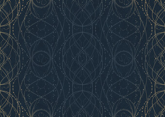 Hand-drawn unique abstract ornament. Light blue on a deep blue background, with vignette of same pattern in golden glitter. Paper texture. Digital artwork, A4. (pattern: p10-2b)