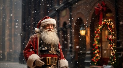 A Classic Holiday Portrait: Jolly Santa Claus in a Nostalgic Victorian Christmas Scene with Gently Falling Snowflakes. Generative AI. - obrazy, fototapety, plakaty