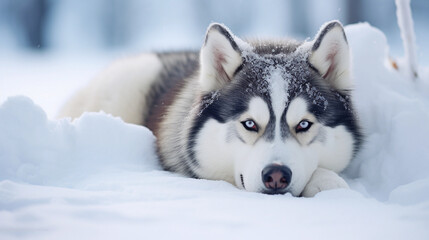 Cute Siberian Husky Dog lying in the snow 