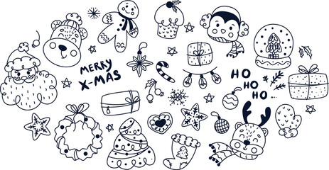 christmas doodle set, merry christmas doodle, christmas theme, christmas doodles, new year, santa claus, bear in hat, penguin, gifts, christmas tree, christmas balls, snowflakes, reindeer, gingerbread