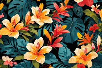 Colorful tropical flowers, plant leaves, abstract background, Plants and Flowers, generative ai	