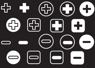 set of plus minus icons , black and white , vector , 