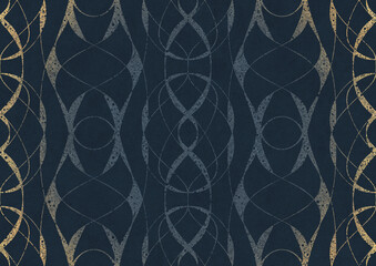 Hand-drawn unique abstract ornament. Light blue on a deep blue background, with vignette of same pattern in golden glitter. Paper texture. Digital artwork, A4. (pattern: p10-3b)