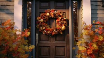 Close-up of an autumn wreath decorated with brown ribbon on the door