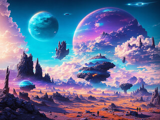 Alien planet landscape with strange machines and a number of moons in background - AI Generative