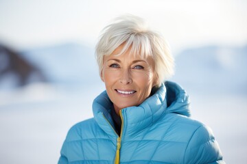 Senior scandinavian woman in warm winter outfit. Healthy, happy aged lady - obrazy, fototapety, plakaty