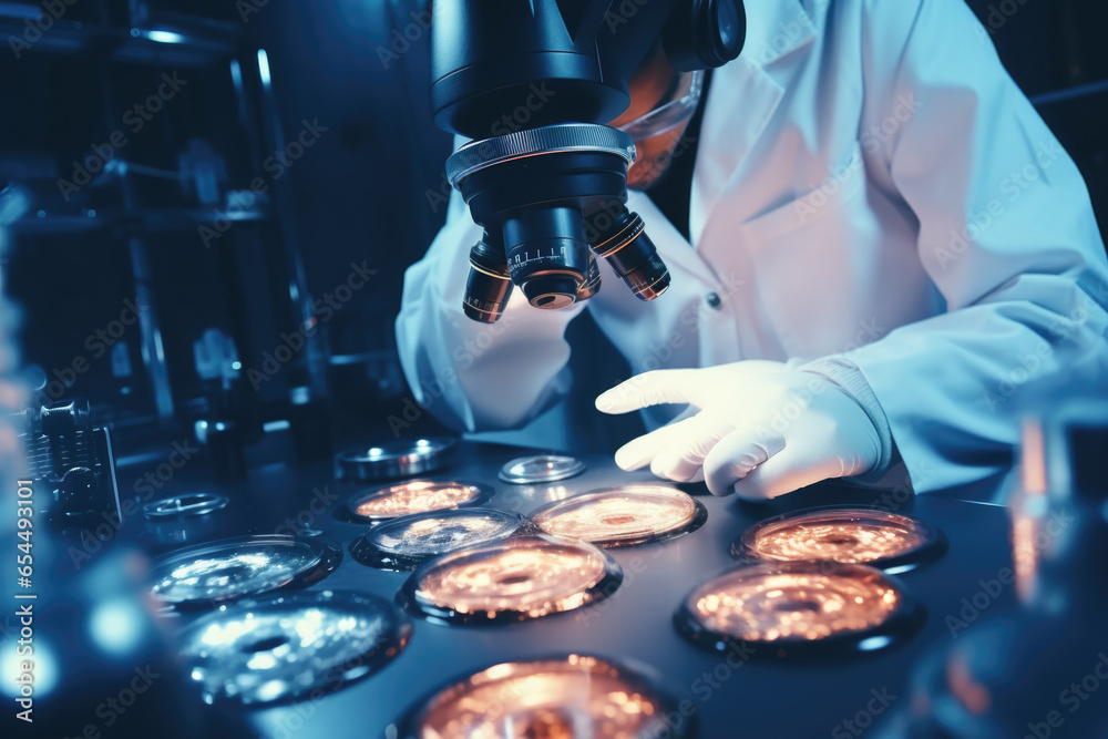 Aufkleber A person in a lab coat is seen looking through a microscope. This image can be used to depict scientific research, laboratory experiments, or medical studies.