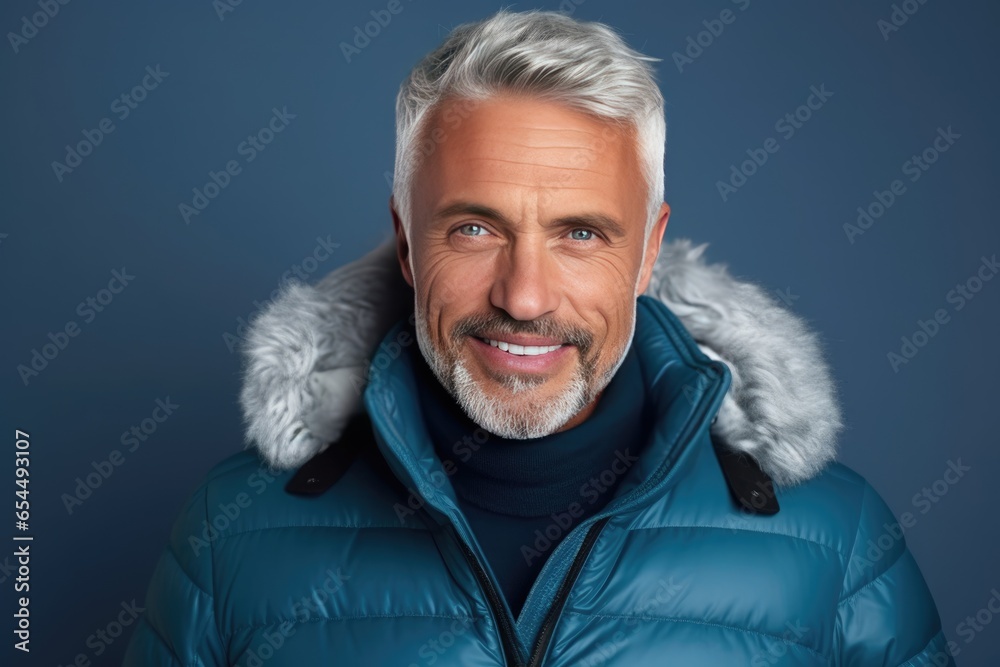 Wall mural senior scandinavian man in warm winter outfit. healthy, happy, active mature man