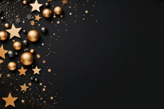 Fancy golden and black christmas background with ornaments. Greeting card mockup
