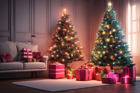 Christmas tree with lights and presents. Generative Ai