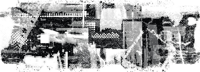Naklejka na ściany i meble Glitch distorted grange shape . Noise grungy logo . Trendy defect error shapes . Glitched frame .Grunge textured . Distressed effect .Vector shapes with a halftone dots screen print texture.