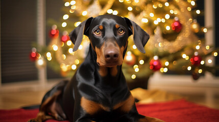 Doberman Pinscher dog on christmas day wearing a christmas hat sat next to a christmas tree