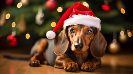 Dachshund dog on christmas day wearing a christmas hat sat next to a christmas tree