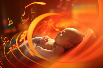 A cute baby laying on a bed with musical notes in the background. Perfect for advertisements, nursery decor, and music-related projects. - obrazy, fototapety, plakaty