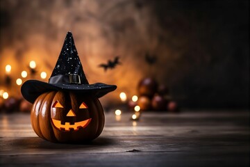 Adorable Cute Carved Pumpkin Halloween Witch Hat Autumn Background - obrazy, fototapety, plakaty