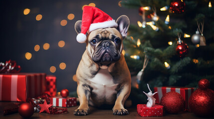 French Bulldog dog on christmas day wearing a christmas hat sat next to a christmas tree