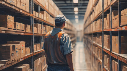 Back view of diligent worker scanning shelves in a storage facility. Oil art. AI generated