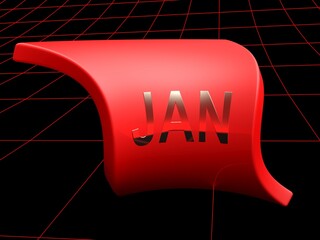 JAN for January metallic write on red curved flag on black background - 3D rendering illustration