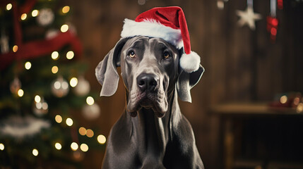 Great Dane dog on christmas day wearing a christmas hat sat next to a christmas tree