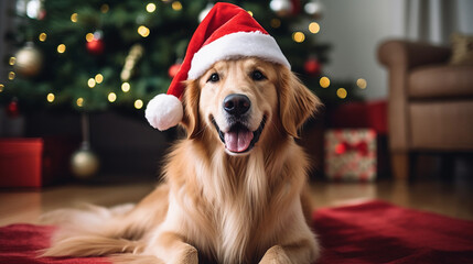 Golden Retriever dog on christmas day wearing a christmas hat sat next to a christmas tree